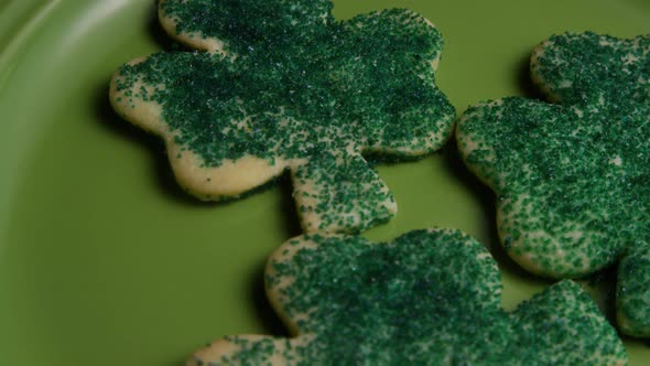 Cinematic, Rotating Shot of Saint Patty's Day Cookies on a Plate 