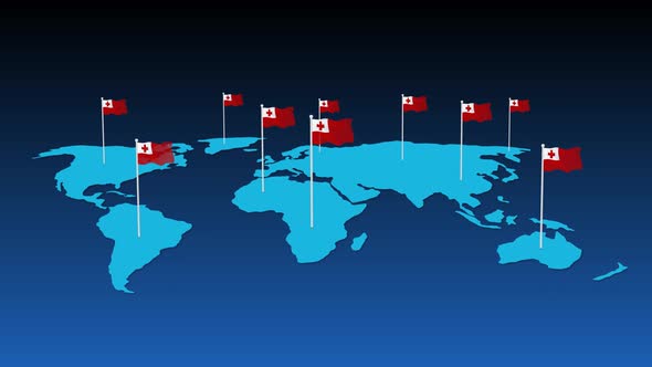 Tonga National Flag Fly On Earth Map Animation
