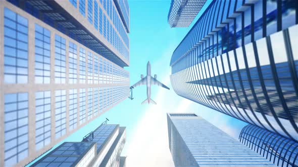 4K_The Plane Flies Over The Buildings