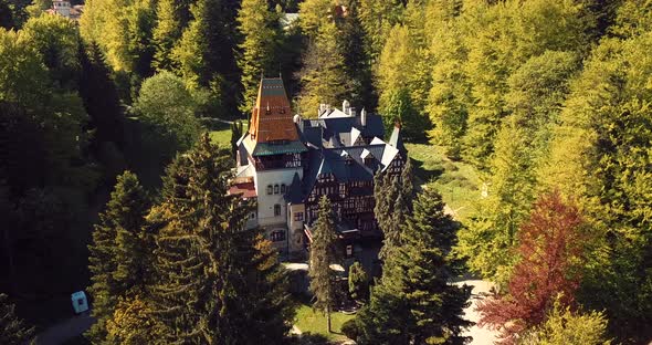 Pelisor Castle In The Romanian Forest Aerial