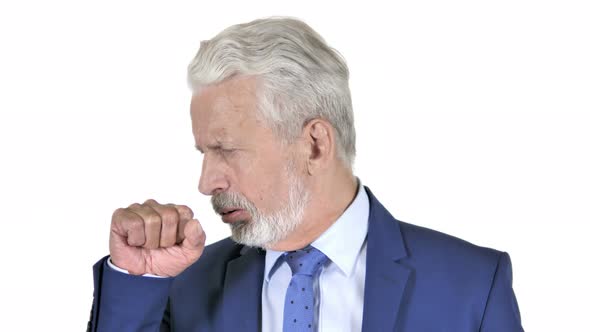 Coughing Sick Old Businessman Isolated on White Background