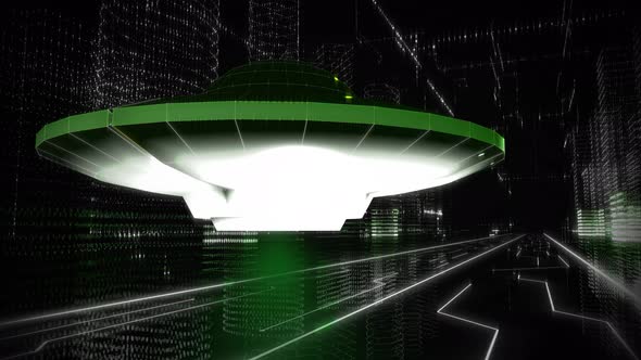 Neon Green UFO Model Hovering In A Matrix City Made By Network Code Program