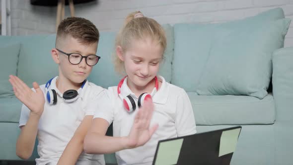 Smiling Girl and Boy Twins Waving Hands During the Online Conversation at Computer