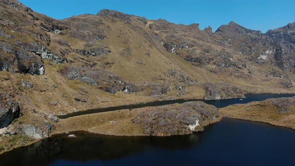 4k aerial drone footage over the  5th lagoon of Pichgacocha from Ambo,  Huanuco, Peru in the Andes m