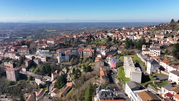 Aerial View of Dense Historic Center of Thiers Town in PuydeDome Department AuvergneRhoneAlpes