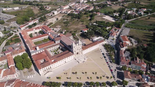 Monastery of Alcobaca or Mosteiro De Santa Maria de Alcobaca In Portugal. Scenic aerial view