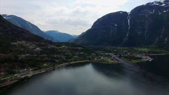 Scenic view of Hardanger fjord in Norway, aerial footage.