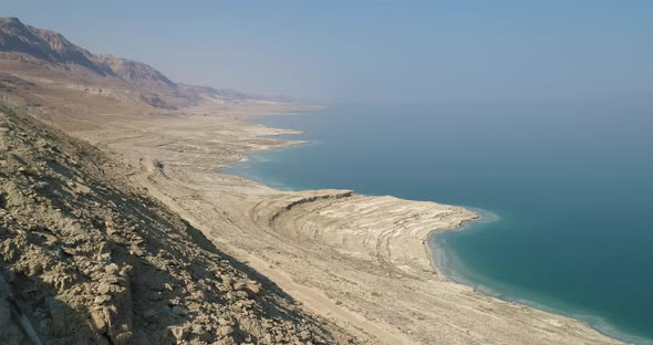 Aerial view of the Dead sea and its shoreline, Jordan Rift Valley, Israel.