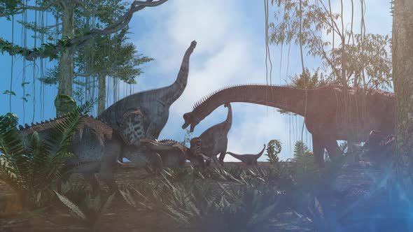 different dinosaurs on prehistoric background of nature, 3d render