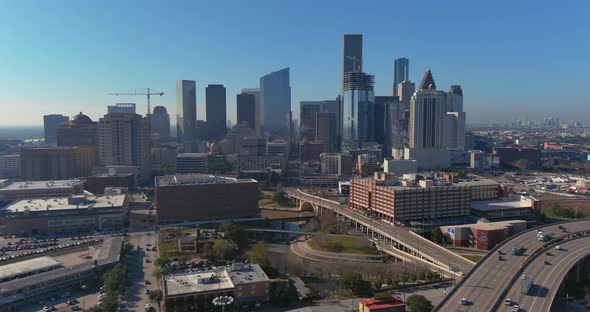 Drone view of downtown Houston on a sunny day.