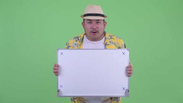 Happy Young Overweight Asian Tourist Man Holding White Board and Looking Surprised