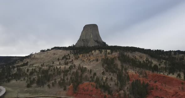 Devils Tower in Wyoming with drone videoing up.