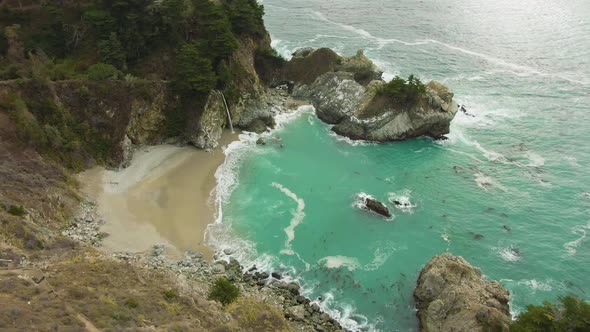 McWay Beach and McWay Falls. Big Sur, California, USA. Aerial View