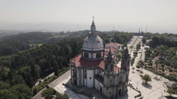 Aerial circling over Sanctuary of Our Lady of Sameiro in Braga. Portugal