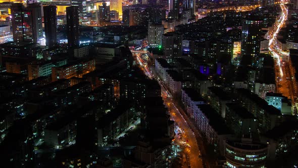 Tianjin Night Aerial Cityscape Panorama China Timelapse Pan Up