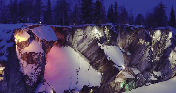 Beautiful Night Illumination of Ruskeala Mountain Park From the Air