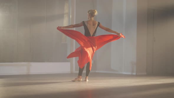 Motivated Hardworking Slim Beautiful Woman Rehearsing Ballet Dance in Slow Motion in Backlit Fog