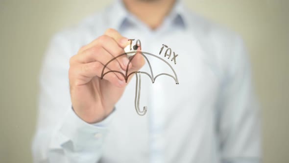 Tax Umbrella Concept, Businessman Writing on Transparent Screen