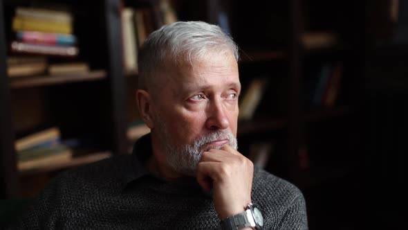 Closeup Portrait of Bearded Grayhaired Mature Male  Thoughtfully Holding Fist Hand Near Chin