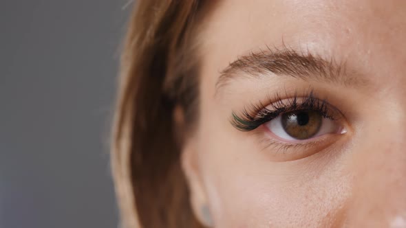 Close Up Macro View of Beautiful Green Female Woman Girl Student Eye with Long Eyelashes Smooth