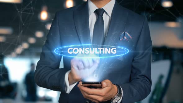 Businessman Smartphone Hologram Word   Consulting
