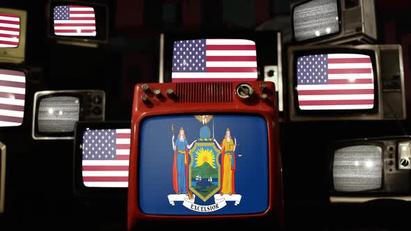 Flag of the state of New York and US Flags on Retro TVs.
