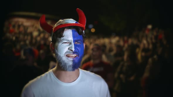 Close Up Russian Fan Scream Rejoices Goal Favorite Team, Person Background Crowd