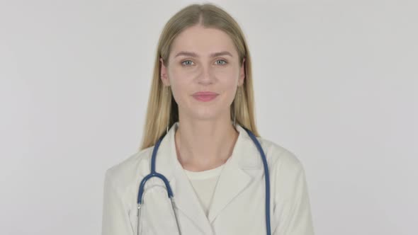 Female Doctor Talking on Online Video Call on White Background