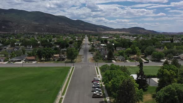 Aerial view flying over street in Manti Utah