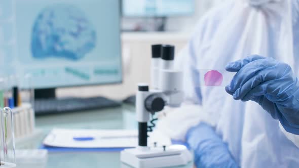 Rack Focus on Researcher in Laboratory Using a Sample Under the Microscope alt