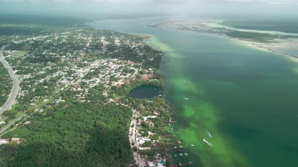 North view with a drone of the Bacalar Lagoon in Mexico