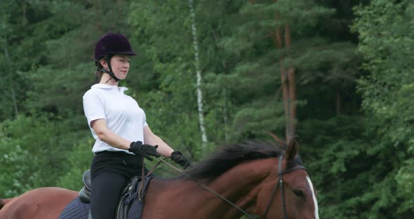 Woman Rider on Horseback Riding in a Clearing Near the Forest, Horse Walking Along a Forest Path