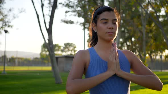 A beautiful young hispanic woman yogi meditating in a one legged prayer hands pose in the park at su