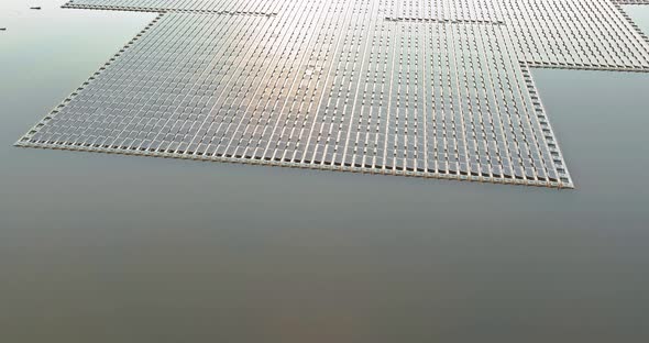 Floating Solar Panels Cell Platform on the Water in Lake