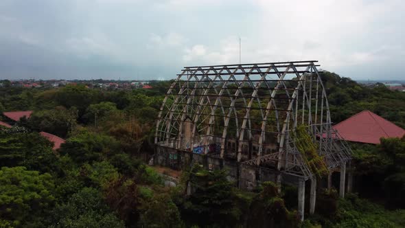 Fly Over Destructed Building in Abandoned Park