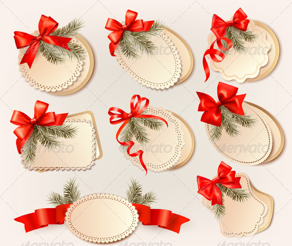 Set of Christmas Gift Cards with Red Gift Bows