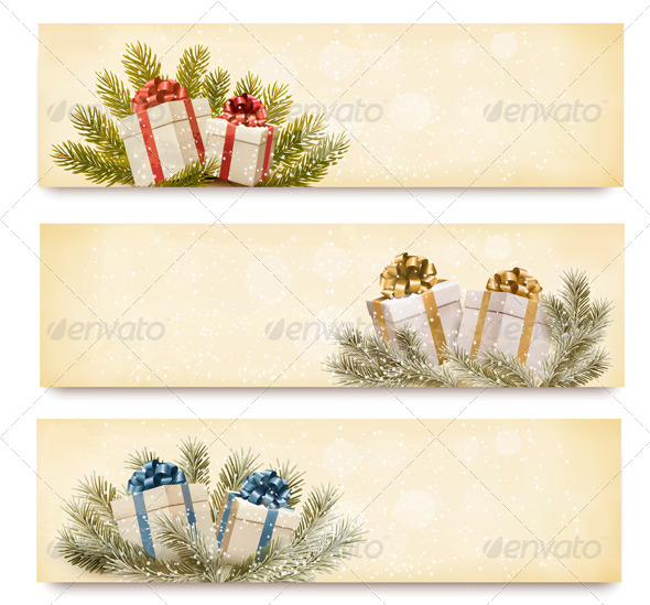 Three christmas banners with gift boxes and snowfl