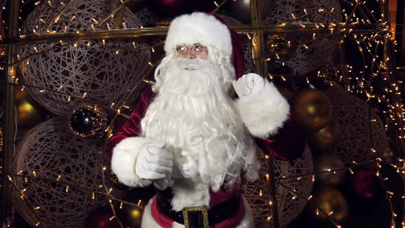 Happy Santa Claus Saint Nicholas Waving His Hands Talking to the Camera Making a Video Call to the