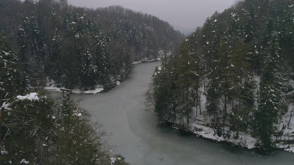 Aerial shot of frozen lake surrounded by forest at winter