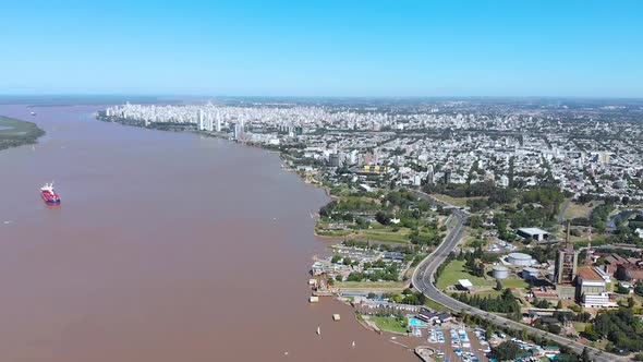 Rosario, Argentina, bank of the Parana River (aerial view, drone footage)