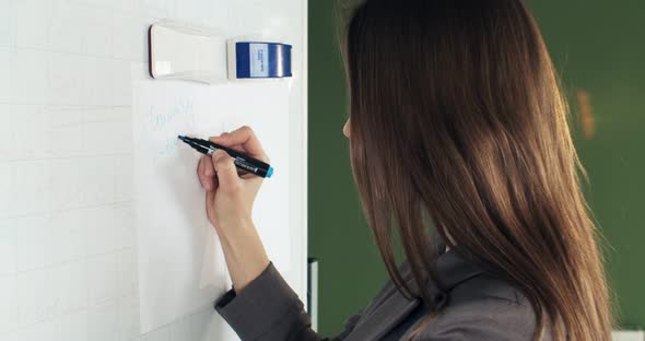 Beautiful Young Business Woman Performs Financial Calculations on Presentation Whiteboard. Working