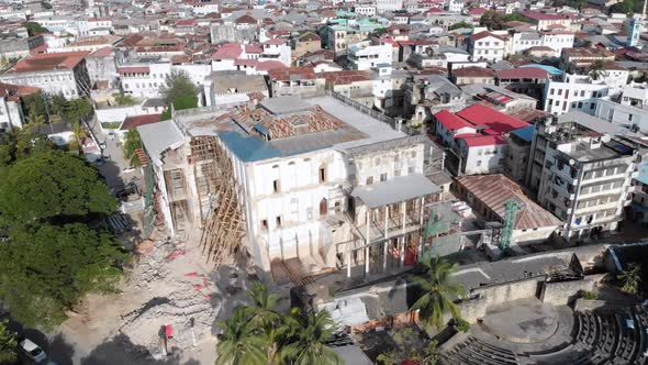 Aerial View of the Destroyed House of Wonders in Stone Town Zanzibar