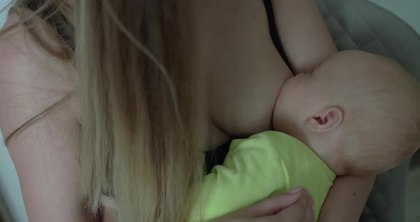 The Newborn Breastfeeding and Mom Caressing His Head