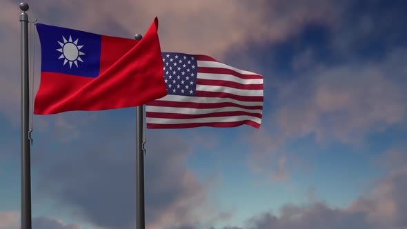 Taiwan Flag Waving Along With The National Flag Of The USA - 2K