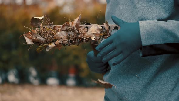 Brunette Man Removing Dry Leaves From the Rake in the Yard