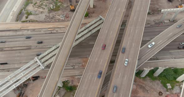 Aerial of cars on 610 and 59 South freeway in Houston, Texas