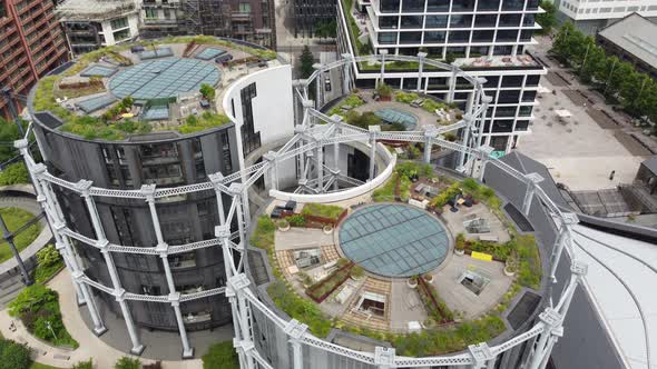 Gas holder park , and apartment conversions London Kings Cross drone aerial view