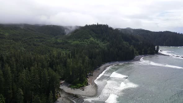 Panning aerial footage above Sombrio beach on the pristine west coast of Vancouver Island, Canada. P