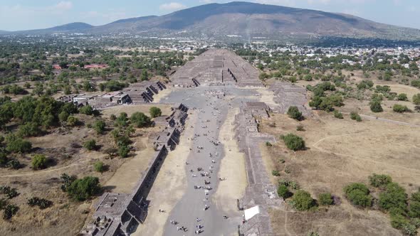 top view drone pyramids Teotihuacán mexico in calzada de los muertos, pyramid of sun and moon