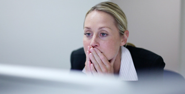Girl Working in Office at Computer Very Stressed